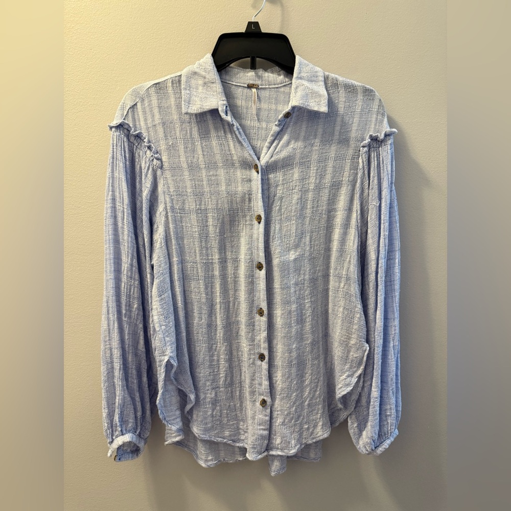 Free People Button Ruffle Blouse Blue Stripe Sz XS Boho Chic Coastal Cowgirl